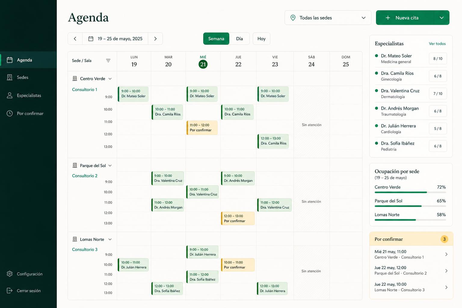 Interfaz conceptual de una aplicación para coordinar agendas entre sedes