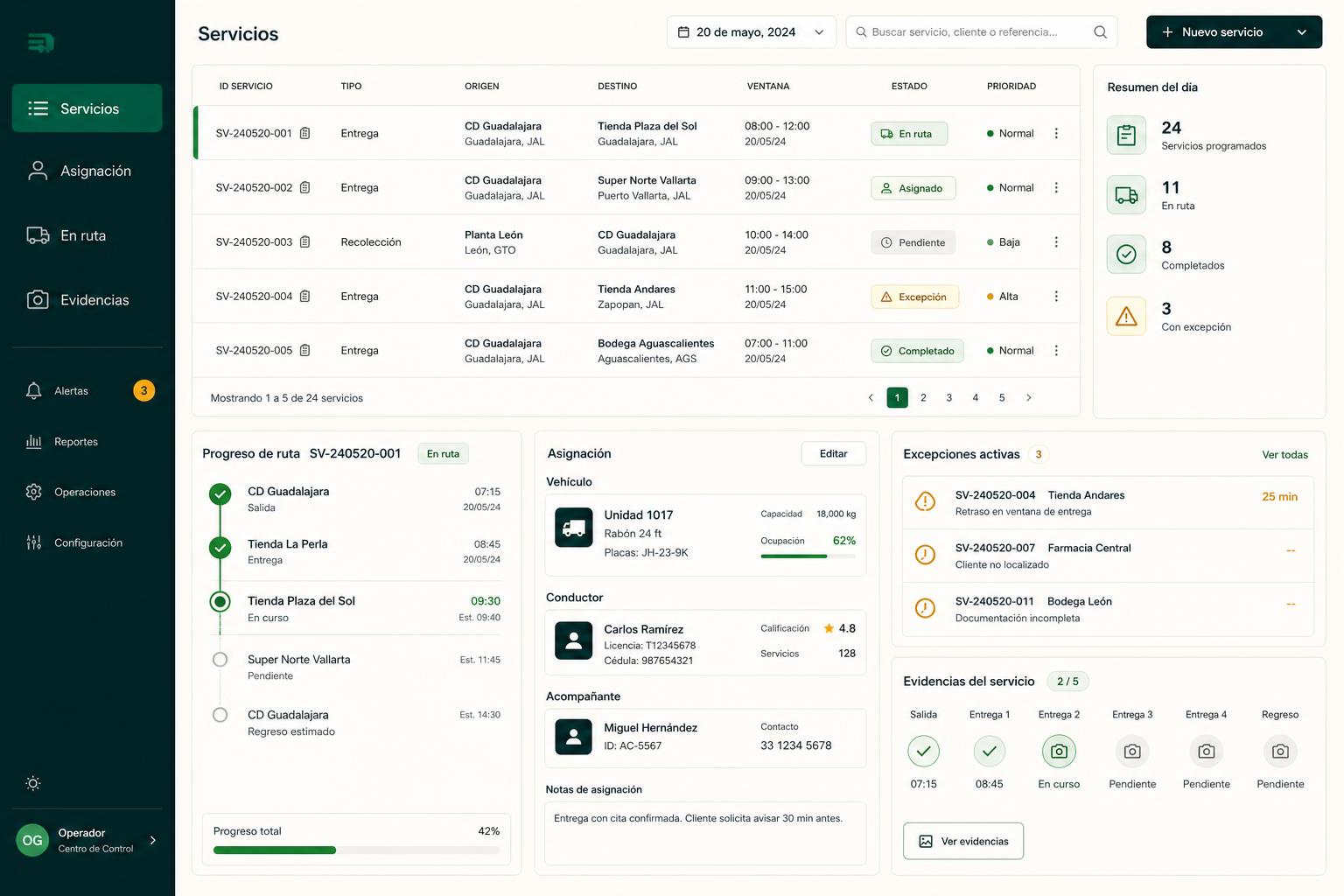 Interfaz conceptual de una aplicación para servicios, rutas y evidencias de entrega